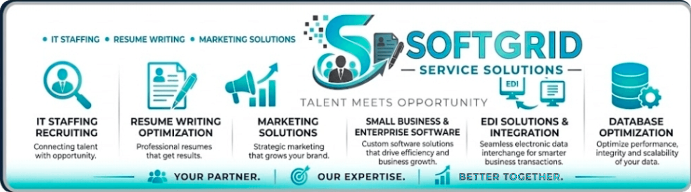 SoftGrid Service Solutions Overview - IT Staffing, Resume Writing, Marketing Solutions, Enterprise Software Development, EDI Solutions, Database Optimization